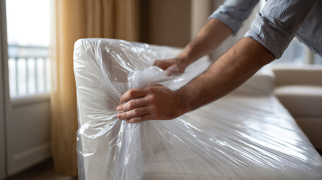 Person unwrap new white sofa for home staging, apartment move, furniture delivery. Close up on hands remove protective plastic, housewarming concept