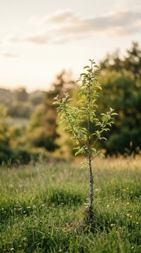Vertical photo of a young sapling growing in a grassy field at sunset. Small green tree in a meadow with blurred background. Nature and growth concept
