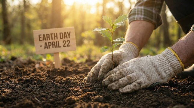Close up of gloved hands planting an oak tree sapling in soil. Wooden sign with Earth Day April 22 text in a sunlit forest. Environmental conservation and reforestation concept