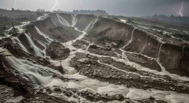 Severe soil erosion caused by heavy rain muddy landscape with flash floods and lightning in the background stormy weather