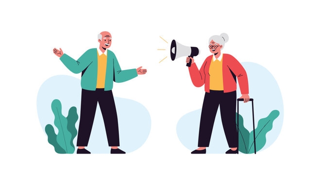 Humorous illustration of an elderly woman using a megaphone to shout at her surprised husband in an outdoor garden setting.