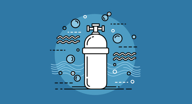 Linear icon of a scuba diving air tank on a circular blue background with stylized waves and bubble decorative elements.
