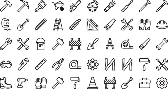 Construction Tools Line Icons Set with Repair Equipment Engineering and Industrial Work Symbols