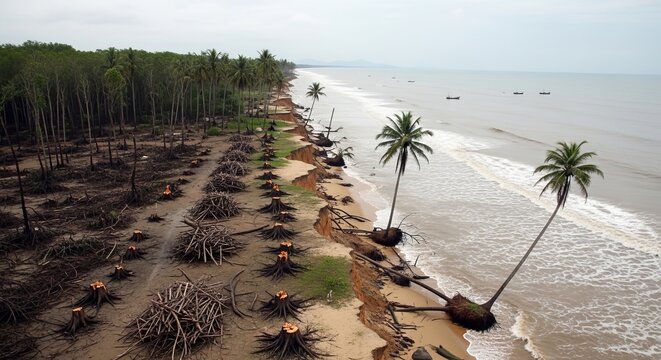 Deforested coastal area showing eroded beach with palm trees and stumps along shore under overcast sky