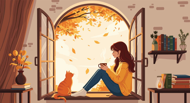 Young woman enjoys a cozy autumn day sitting by an open window with a cup of tea and her pet cat watching falling leaves.