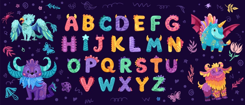 Cartoon colorful alphabet with funny monster letters for Halloween kids design, invitation flyers or posters. Vector hand drawn illustration with kawaii children font