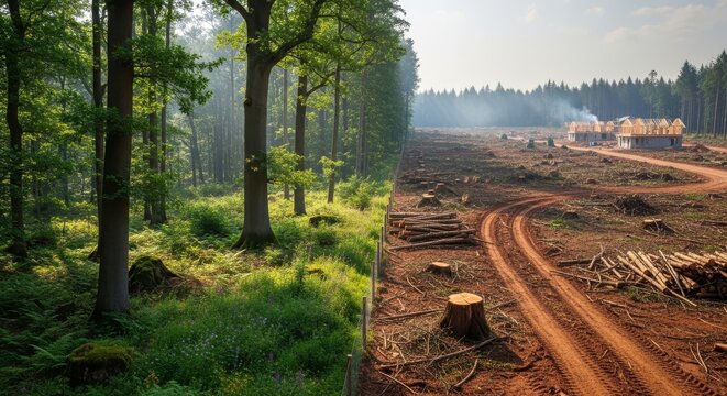 Contrast between lush green forest and deforested logging site with heavy machinery