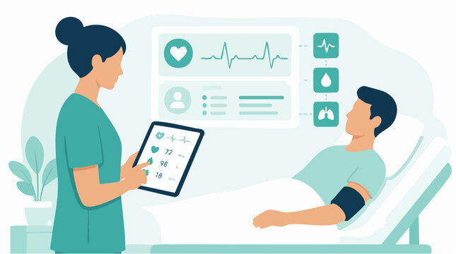 Professional nurse monitoring patient health metrics using a digital tablet in a hospital room, featuring a modern flat vector illustration of clinical medical diagnostics and care procedures.
