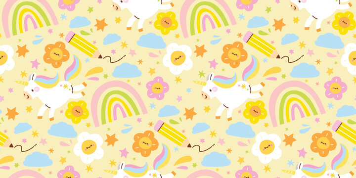 Cute kids unicorn seamless pattern vector. Pastel rainbow, flower, star, cloud and pencil doodle background design for nursery fabric, wrapping paper, wallpaper, baby textile and school products.