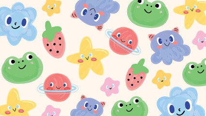 Fototapeta premium Cute pastel hand drawn space animal star seamless pattern vector. Design for kids fabric, nursery wallpaper, wrapping paper, baby textile, children stationery and playful cartoon background.