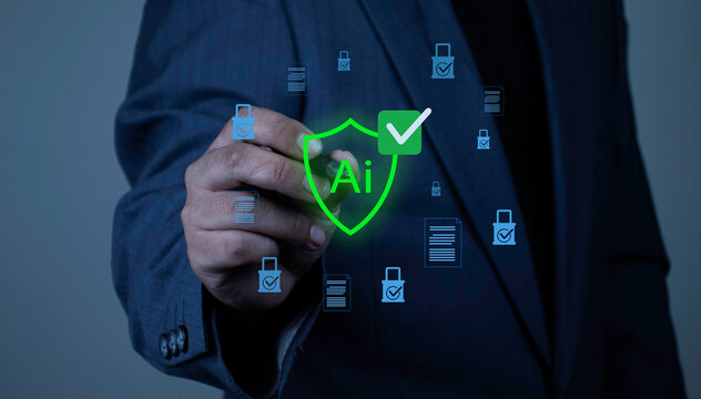 AI Security and Data Privacy Compliance. Professional verifying artificial intelligence safety protocols, data encryption, and legal digital standards.