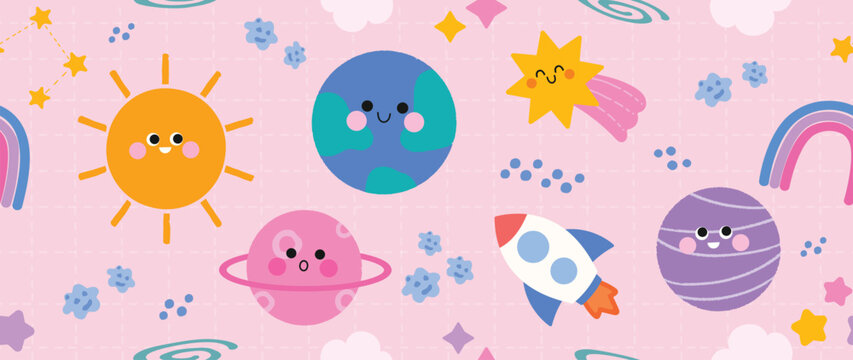 Cute colorful hand drawn space adventure seamless pattern vector. Design for kids fabric, nursery wallpaper, wrapping paper, children stationery, baby textile and playful cartoon background.