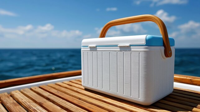 Plain cooler box on boat deck with open water and sky