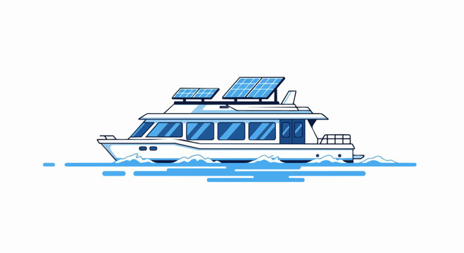 Modern Solar Powered Electric Boat Illustration - Eco-Friendly Sustainable Marine Transportation and Renewable Energy Yacht Vector Icon