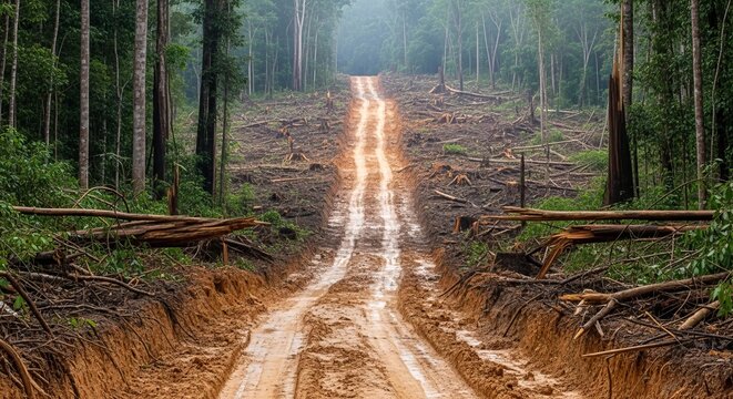 Deforested forest road with cut trees and dirt path leading to a cleared area