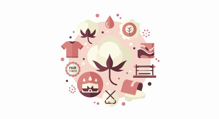 Obraz premium Sustainable Fashion Concept with Organic Cotton Boll, Fair Trade Seal, and Textile Manufacturing Icons
