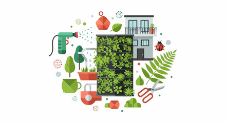 Fototapeta premium Vertical Garden and Urban Farming Illustration: Sustainable Green Living and Home Gardening Concept