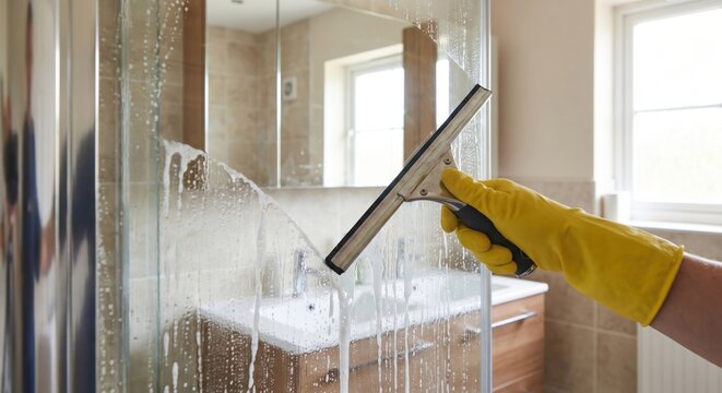 Hand in yellow glove cleaning glass shower door with squeegee