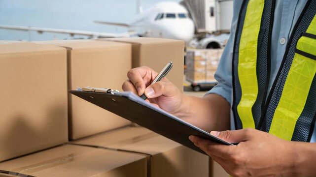 Close-up of a logistics worker checking cardboard boxes and writing on a clipboard at the airport.