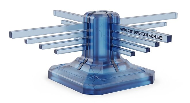 Abstract blue industrial machine structure with stabilizing long term baselines text label