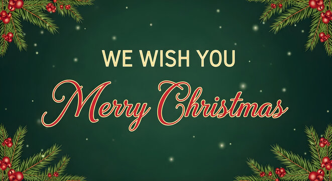 Merry christmas greeting card festive green background with holly berries