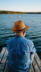 Fototapeta premium Senior man relaxing on dock overlooking tranquil lake in summer morning