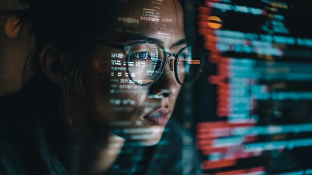 Woman working on computer with code on screen.
