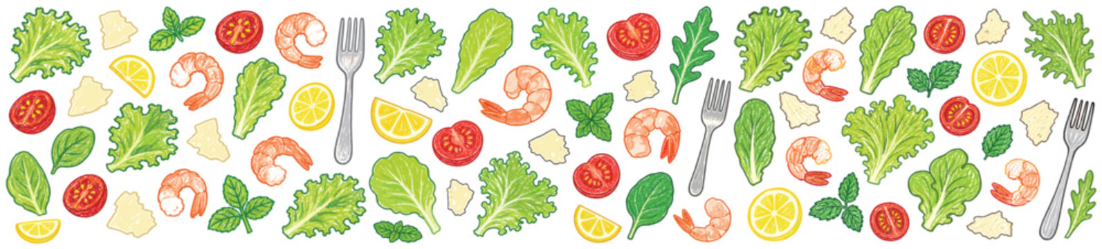 Fresh vibrant salad ingredients, including green lettuce, red tomatoes, and cooked shrimp, are scattered in a crayon-like drawing style