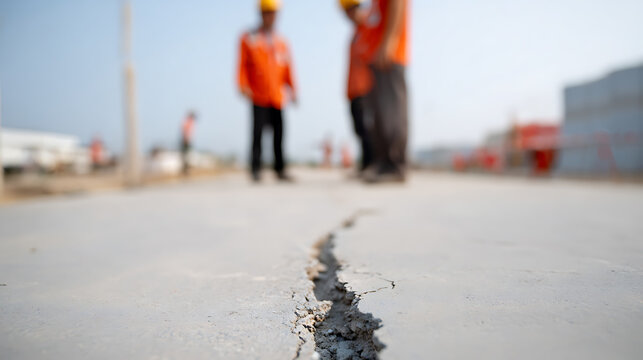 Close-up of a damaged concrete surface with a deep crack, featuring blurred construction workers in the background, showing infrastructure problems
