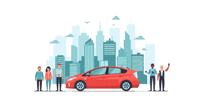 Ride-sharing service in a modern city with diverse people and an eco-friendly car. Urban transport technology and mobile app illustration.
