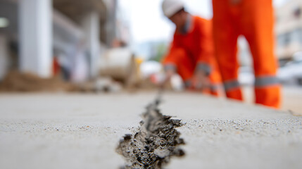 Naklejka premium Ground-level view of a visible crack in concrete pavement with out-of-focus construction workers in orange uniform and safety helmet