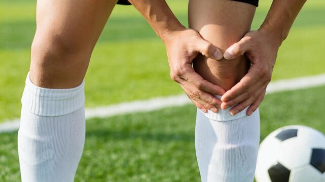 A soccer player clutching their injured knee in pain on a green grass field during a match.