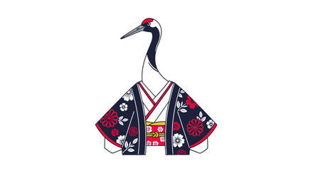 Fototapeta premium Elegant Japanese crane in traditional kimono illustration.