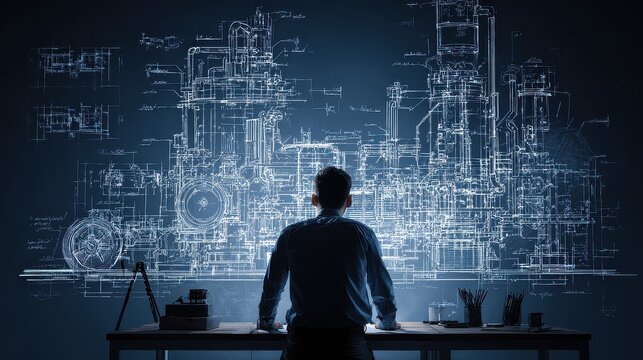 Engineering blueprint technical mastery and problem solving focus on industrial development theme dynamic Fusion illuminated architecture studio backdrop.
