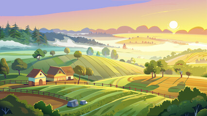 Sunrise over green farmland with red barn and fields © ruposhi
