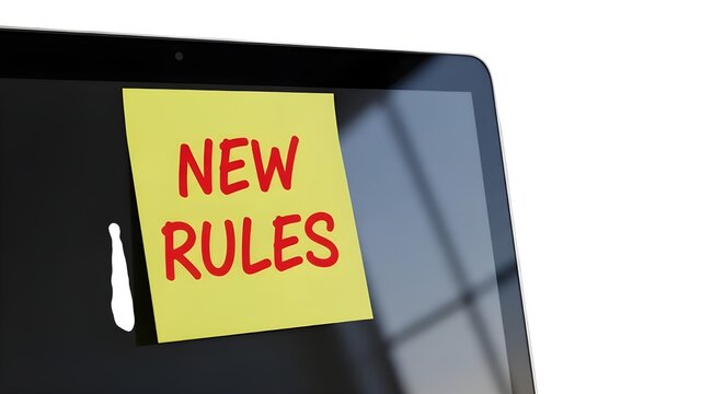 A yellow sticky note on a computer screen with new rules written on it