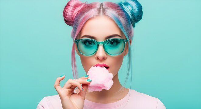 Stylish young woman with colorful hair and teal glasses eating pink cotton candy in this bright and vibrant studio portrait