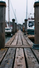 Obraz premium Wooden dock walkway leading to moored boats with overcast sky