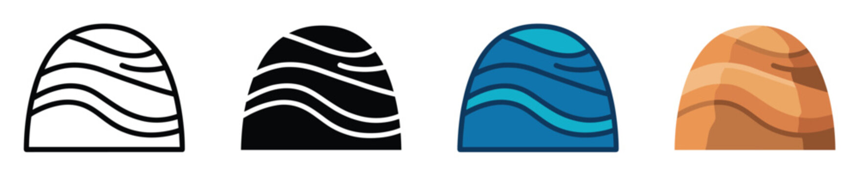 Four abstract rounded rectangular shapes with wavy lines, presented in outline, solid, colored outline, and flat styles