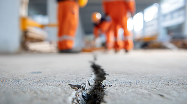Close-up of a deep crack in concrete foreground with blurry construction workers in orange uniform and safety gear in the background