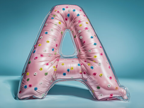 Transparent inflatable letter A decorated with flowers and candy in angled close-up. Ideal for alphabet graphics, playful branding, party design, and colorful typography projects.