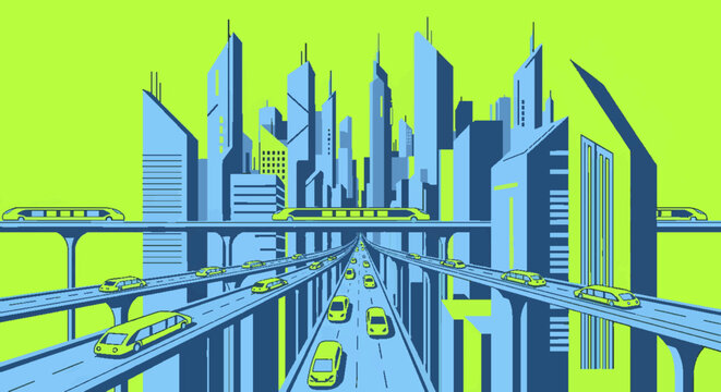 Futuristic city skyline with elevated highways, autonomous vehicles, and monorails, symbolizing advanced urban development and technology.