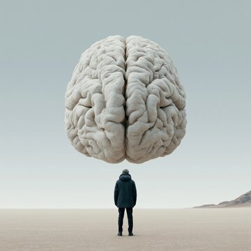 Person standing beneath large floating brain in empty landscape