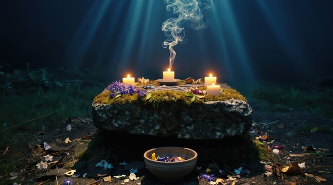 Mystical outdoor ritual with lit candles on mossy stone altar. Smoke rises, flowers surround, sunbeams pierce dark forest floor. Offering bowl sits nearby.