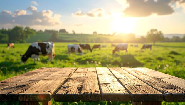 Sunlit Wooden Picnic Table in Pasture with Grazing Cows