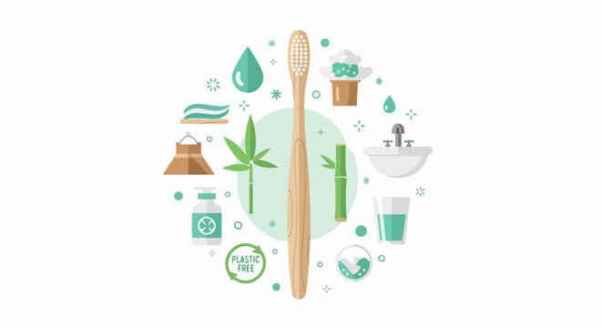 Eco-Friendly Dental Care and Zero Waste Oral Hygiene Illustration with Bamboo Toothbrush and Plastic-Free Icons