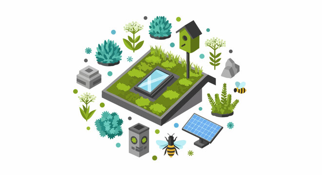 Isometric Green Roof Illustration with Solar Panel, Bees, and Sustainable Living Elements for Eco-Friendly Architecture