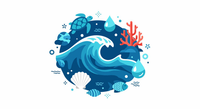 Stylized Ocean Life Vector Illustration with Sea Wave, Turtle, Coral, and Fish in Circular Composition