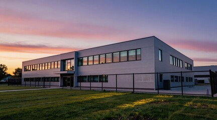 Obraz premium Modern office building with glass windows, metal siding stands against colorful sunset sky. Chain-link fence surrounds property, with well-kept lawn in front. Structure suggests corporate tech campus