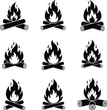 Black campfire nine log fire on white background, flames logs
